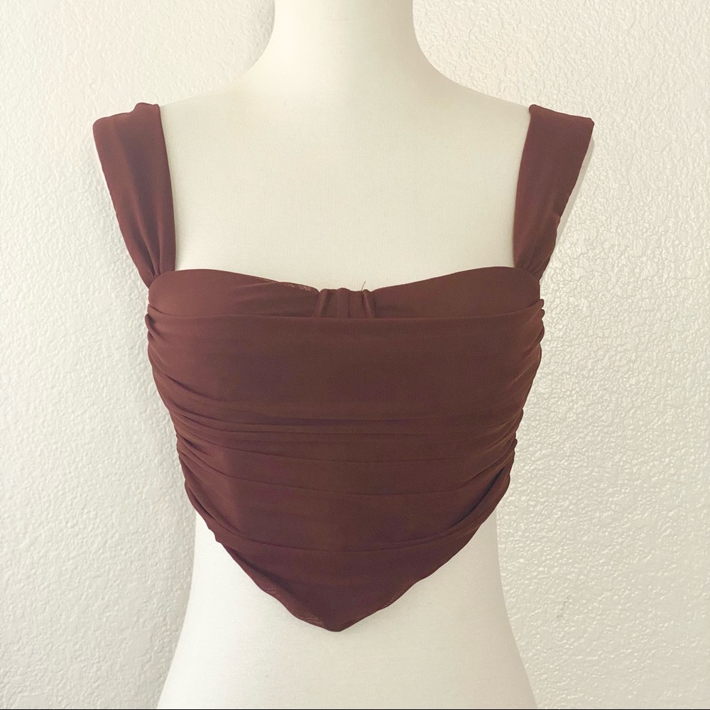 Ruched Mesh Brown Corset Top